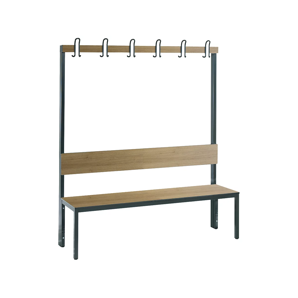 Garderobebank Basic Plus, 1-zijdig, rugleuning, zonder schoenenrek, onderstel zwartgrijs RAL 7021, B 1500 mm, decor eiken ser.