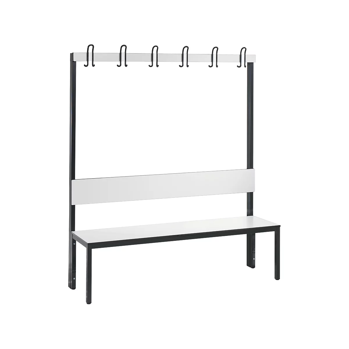 Garderobebank Basic Plus, 1-zijdig, rugleuning, zonder schoenenrek, onderstel zwartgrijs RAL 7021, B 1500 mm, decor wit