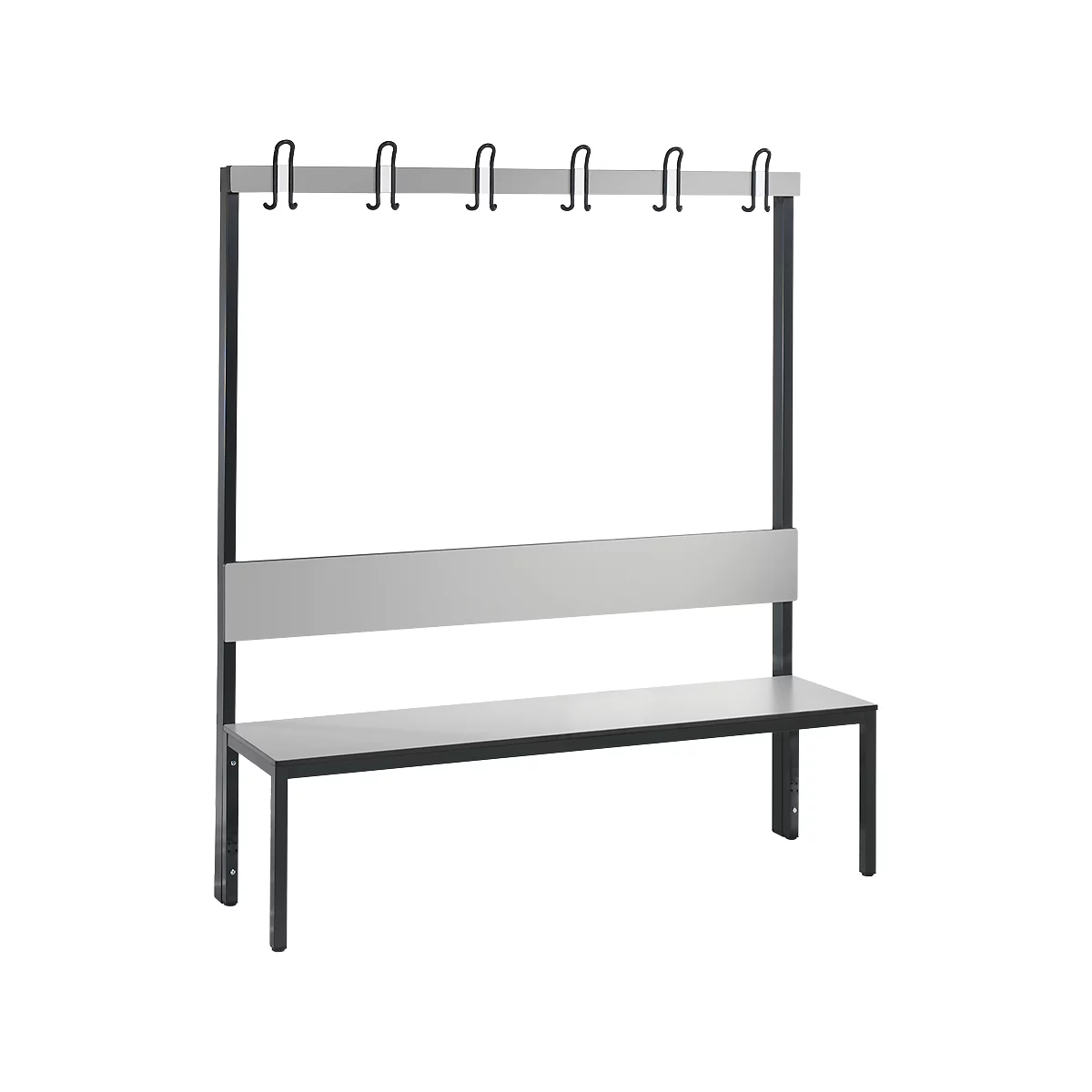 Garderobebank Basic Plus, 1-zijdig, rugleuning, zonder schoenenrek, onderstel zwartgrijs RAL 7021, B 1500 mm, decor zilvergrijs