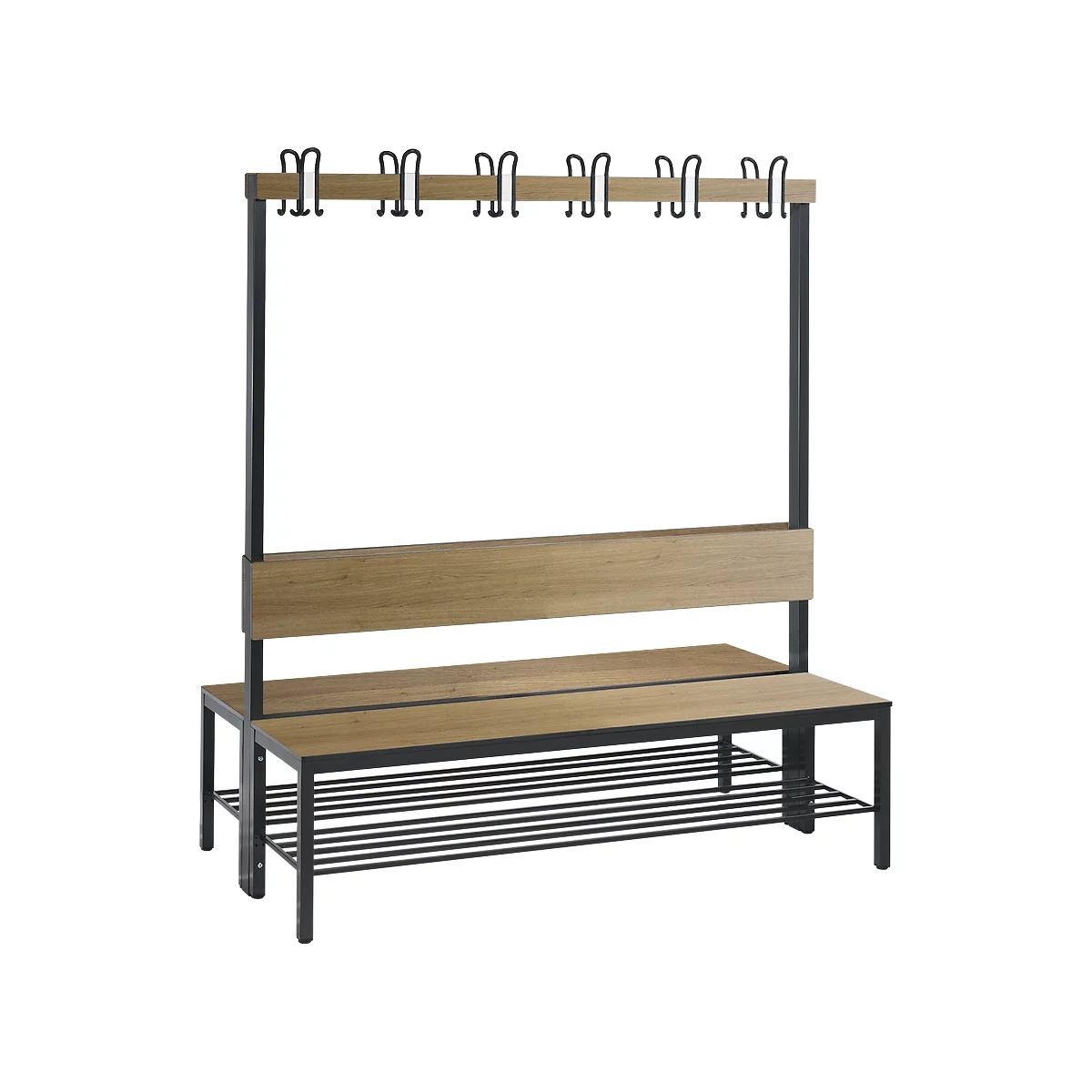 Garderobebank Basic Plus, 2-zijdig, rugleuning, met schoenenrek, beenframe zwart-grijs RAL 7021, B 1500 mm, decor eiken Ser.
