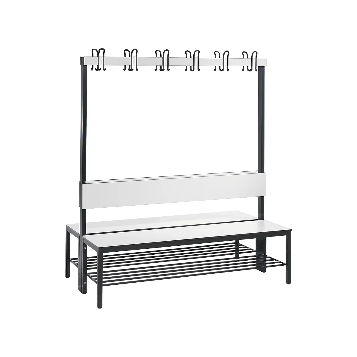 Garderobebank Basic Plus, 2-zijdig, rugleuning, met schoenenrek, beenframe zwart-grijs RAL 7021, B 1500 mm, decor wit