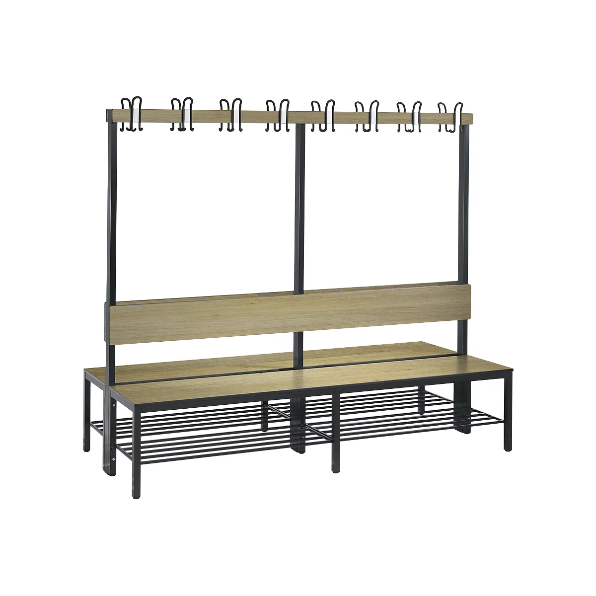 Garderobebank Basic Plus, 2-zijdig, rugleuning, met schoenenrek, pootstel zwart grijs RAL 7021, B 1960 mm, decor eiken Ser.