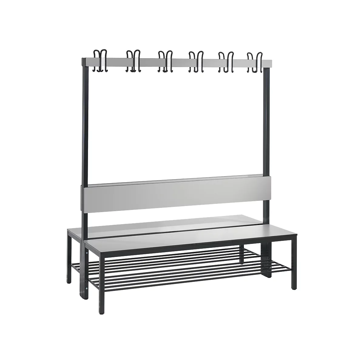 Garderobebank Basic Plus, 2-zijdig, rugleuning, met schoenenrek, pootstel zwartgrijs RAL 7021, B 1500 mm, decor zilvergrijs