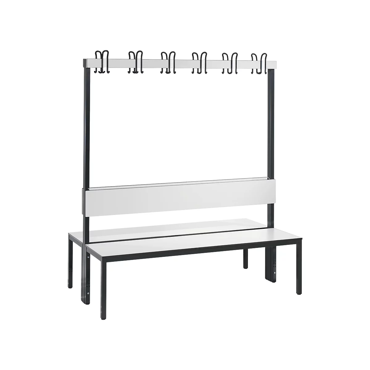 Garderobebank Basic Plus, 2-zijdig, rugleuning, zonder schoenenrek, pootstel zwart-grijs RAL 7021, B 1500 mm, decor wit