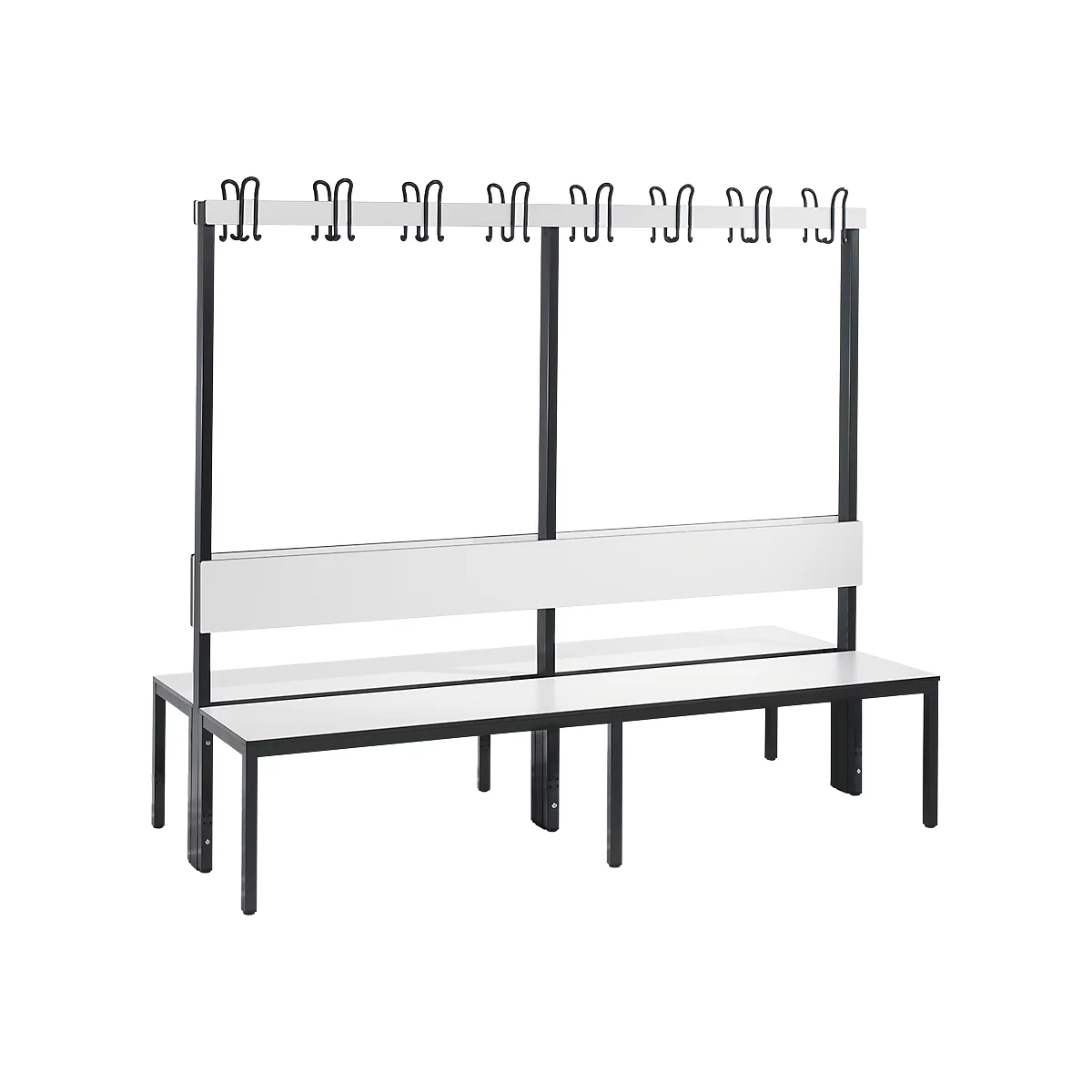 Garderobebank Basic Plus, 2-zijdig, rugleuning, zonder schoenenrek, pootstel zwart grijs RAL 7021, B 1960 mm, decor wit