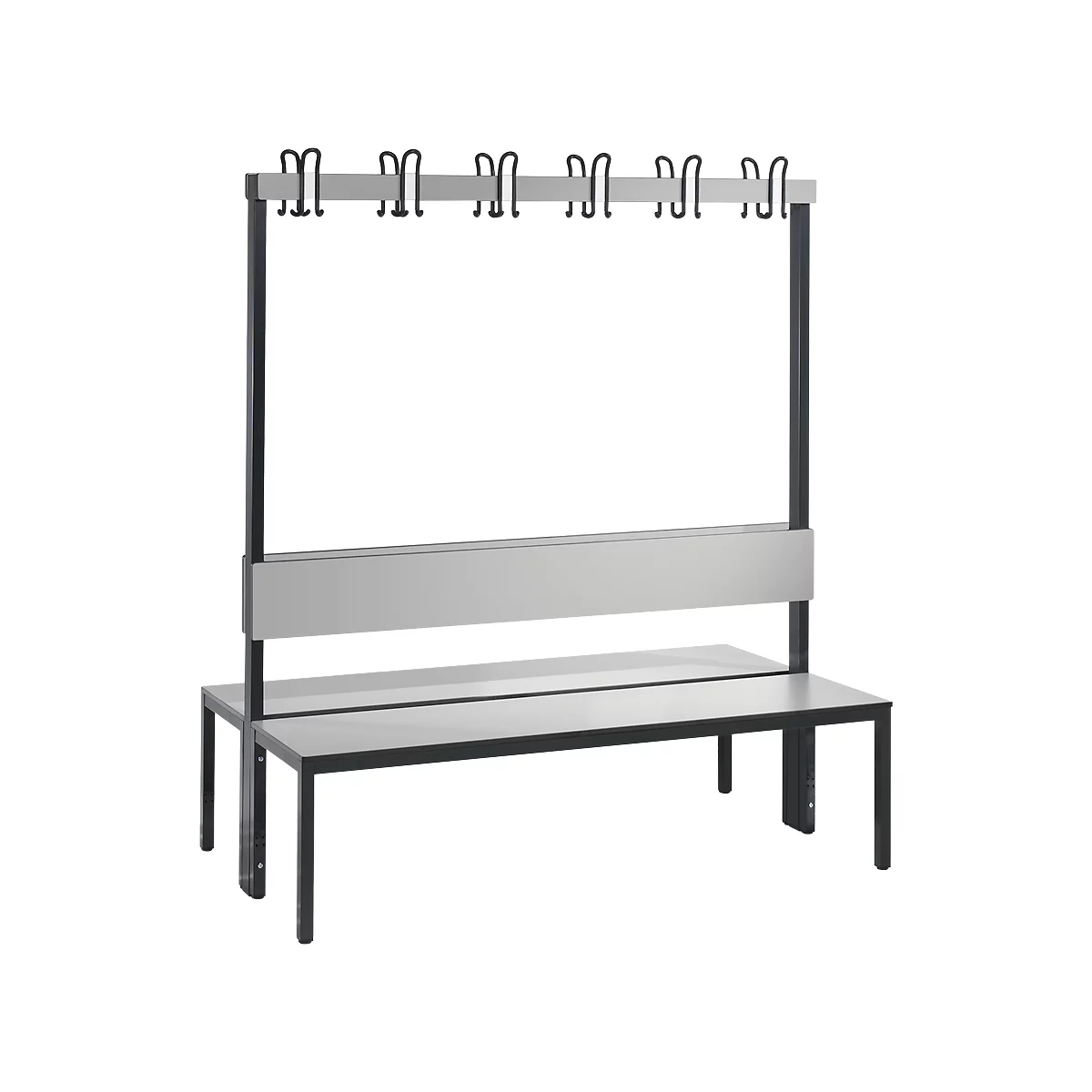 Garderobebank Basic Plus, 2-zijdig, rugleuning, zonder schoenenrek, pootstel zwartgrijs RAL 7021, B 1500 mm, decor zilvergrijs