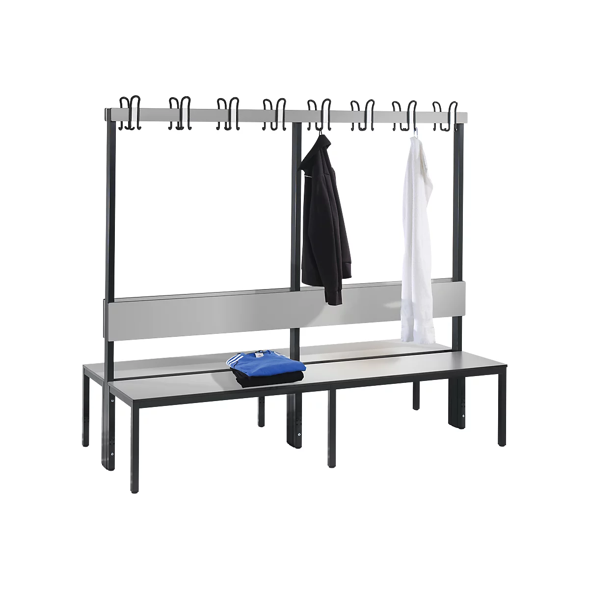 Garderobebank Basic Plus, 2-zijdig, rugleuning, zonder schoenenrek, pootstel zwartgrijs RAL 7021, B 1960 mm, decor zilvergrijs