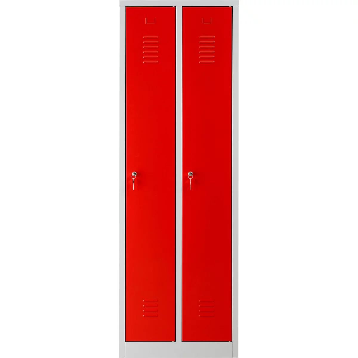 Twee rode lockers, met ventilatiegaten, handgrepen en sleutelschilden, staan ​​naast elkaar op een witte achtergrond.