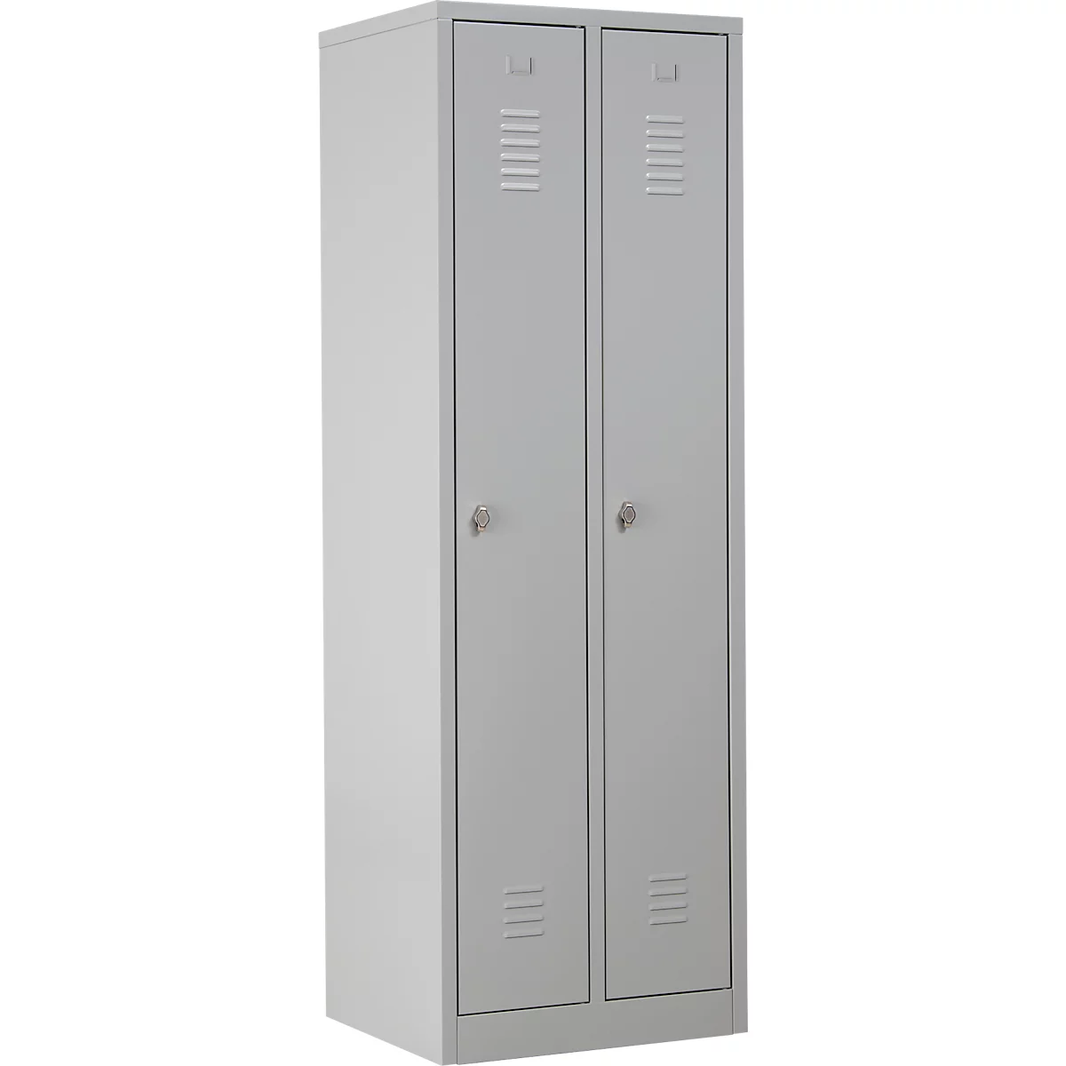 Een grijze stalen kast met twee deuren, ventilatiesleuven en een slot.