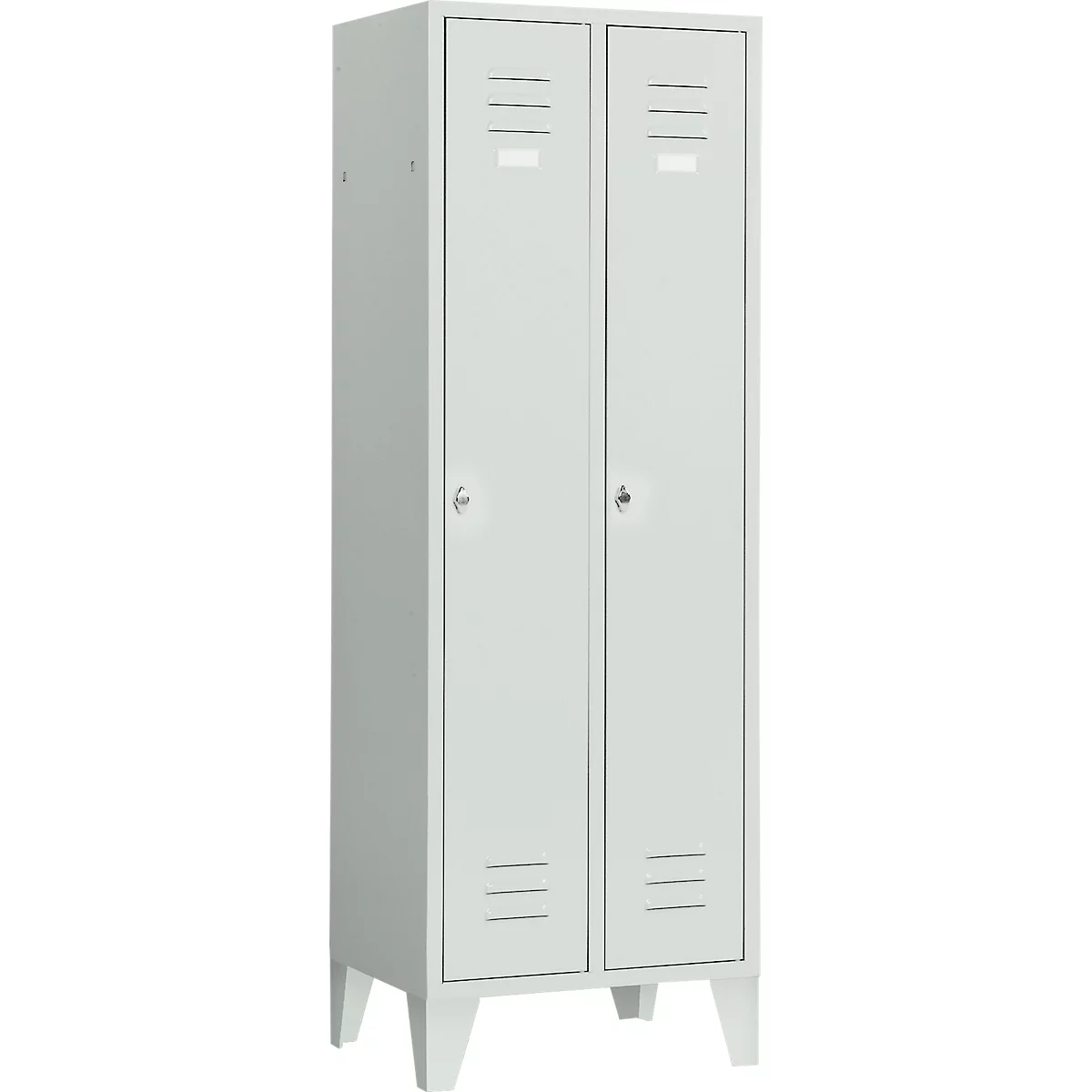 Garderobekast, 2 deuren, B 600 x H 1800 mm, incl. poten, draaigrendelslot, lichtgrijs