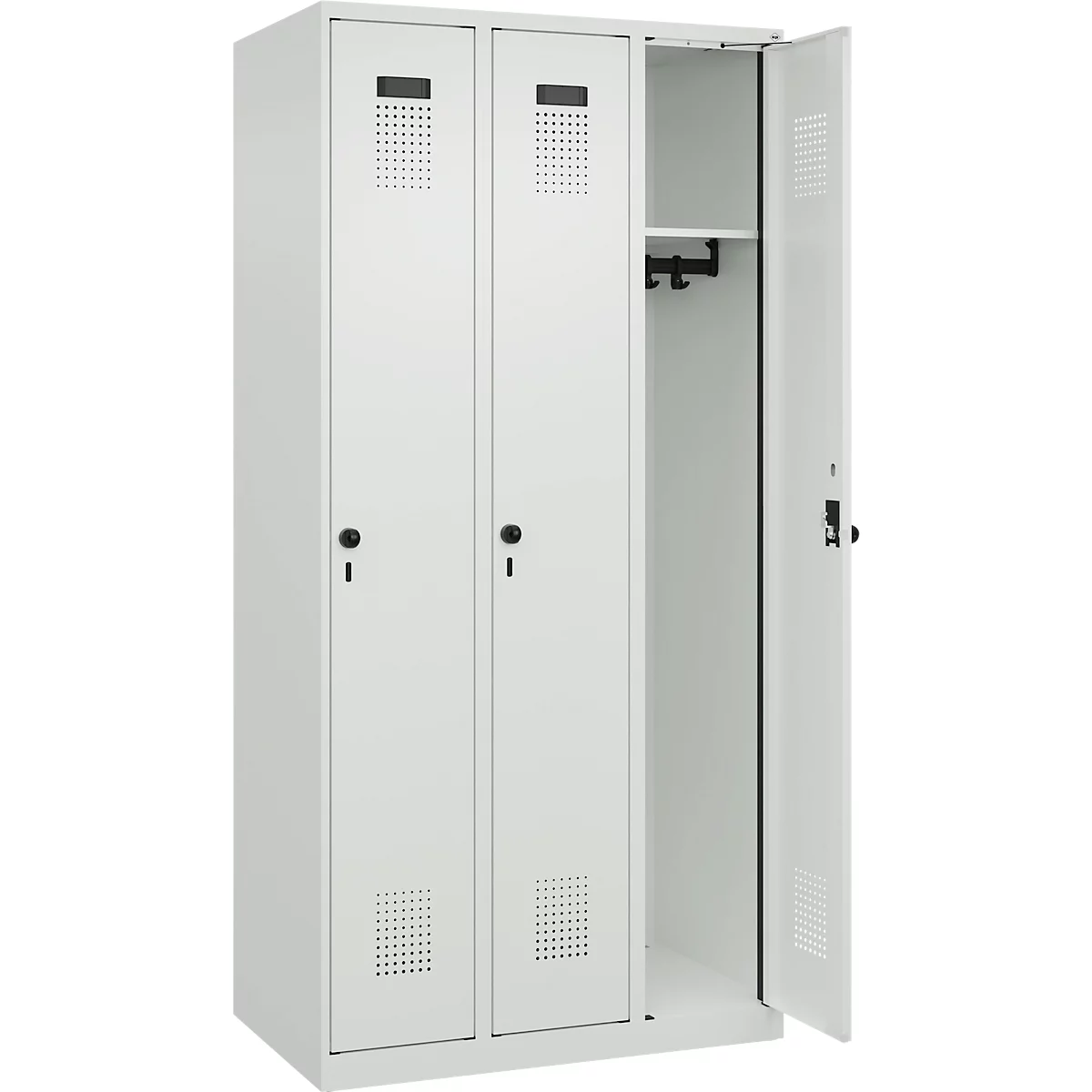 Garderobekast C+P Evolo Plus, 3 vakken, rechts scharnierend, veiligheidsdraaigrendel, B 900 x D 500 x H 1850 mm, lichtgrijs/lichtgrijs