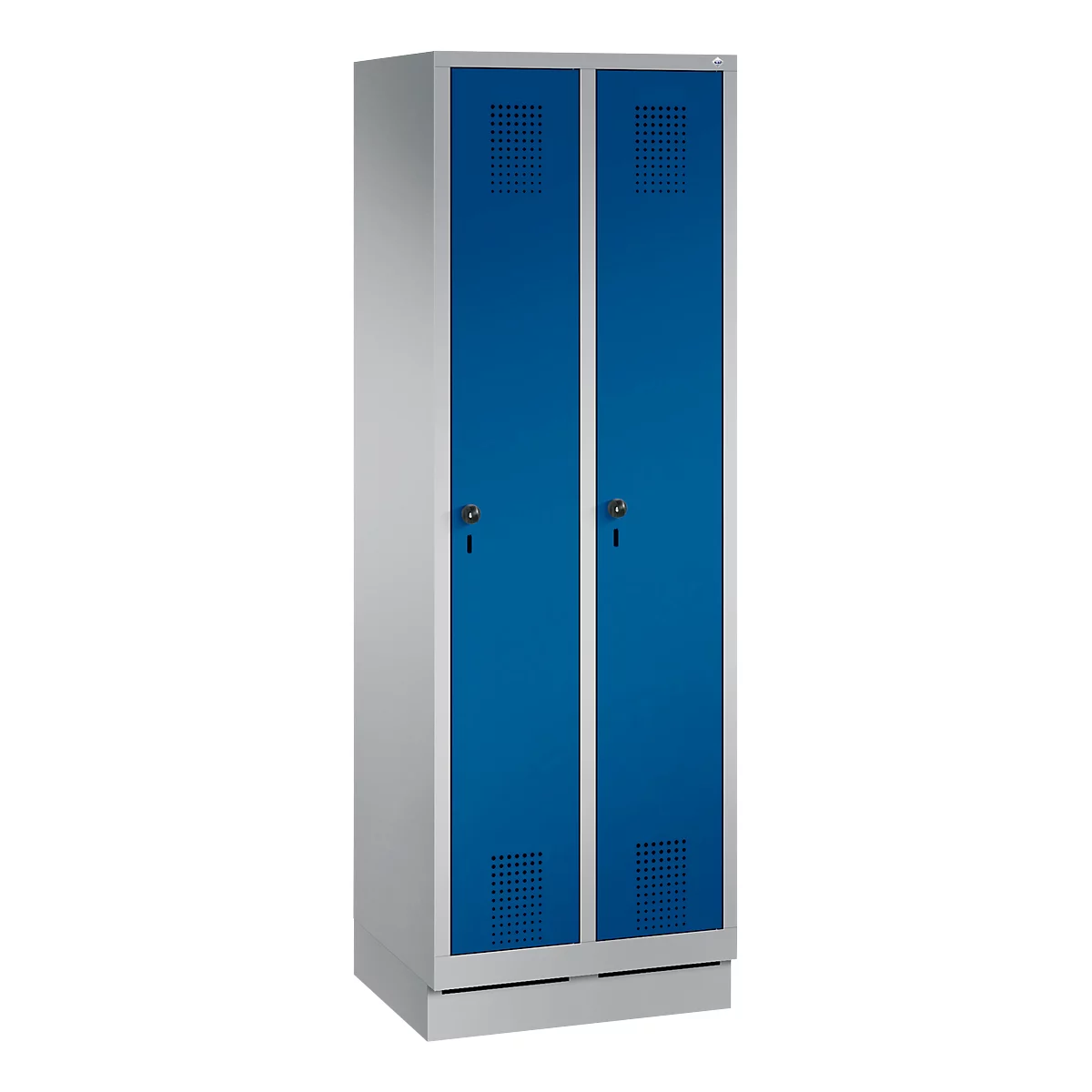 Garderobekast Evolo S 3000, met sokkel, 2 vakken, veiligheidsslot, wit aluminium RAL 9006/gentiaanblauw RAL 5010