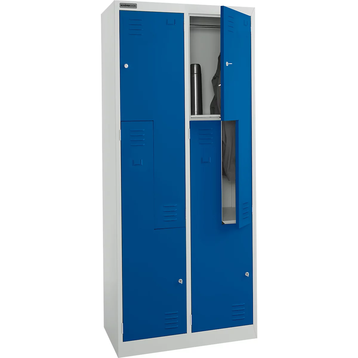 Blau kluisje, één deur open. Binnenin: jas, thermosfles. Witte behuizing.