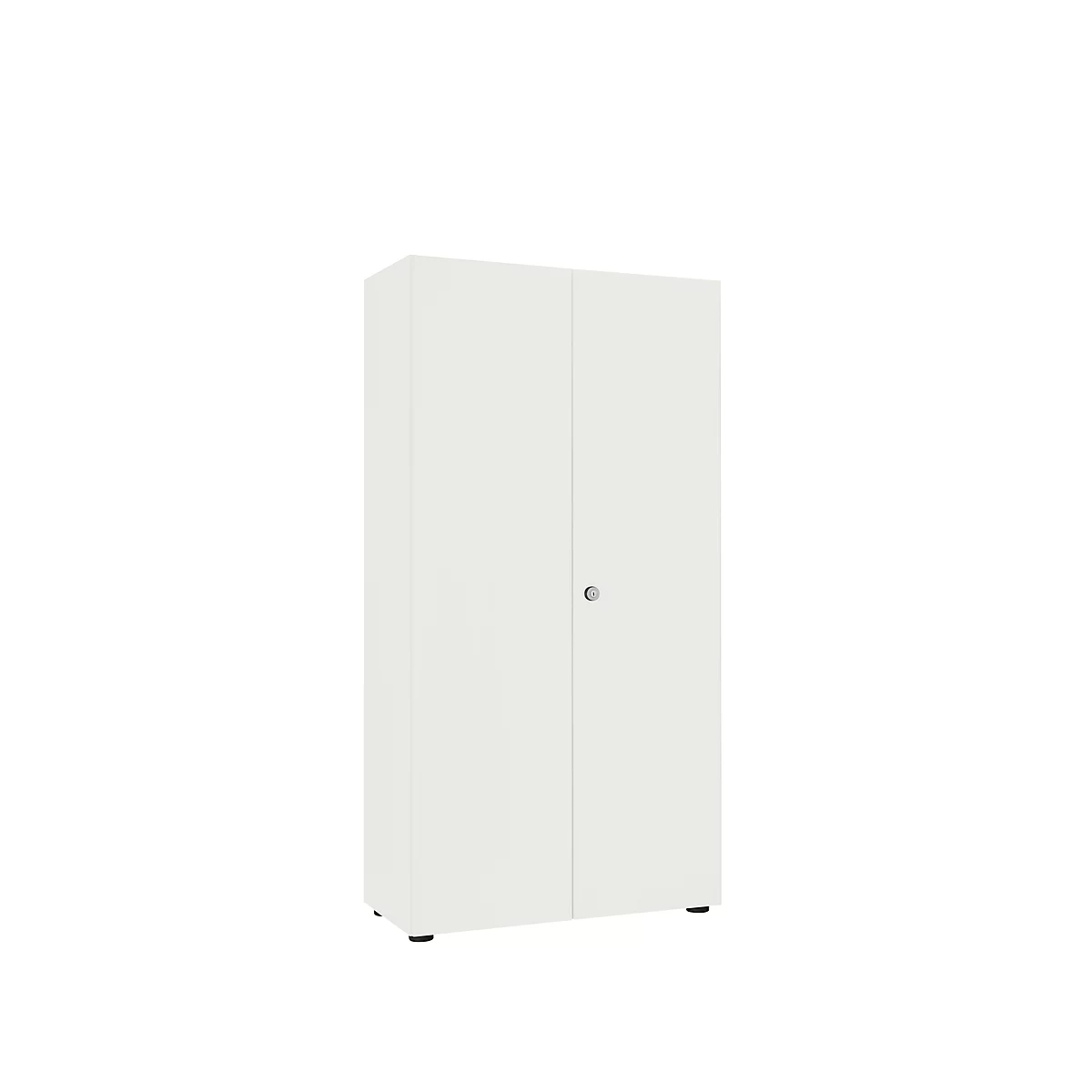 Garderobenschrank, 5 OH, 4 Fachböden, Mitteltrennwand & Kleiderstange, abschließbar, ohne Akustikfront, B 800 x T 450 x H 1930 mm, Spanplatte, weiß