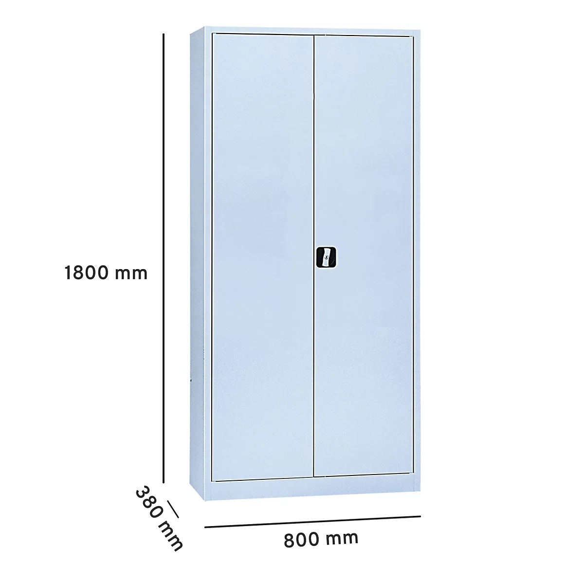 Hellblauer Aktenschrank mit zwei Türen, schwarzer Griff, Masse: 1800 x 800 x 380 mm.