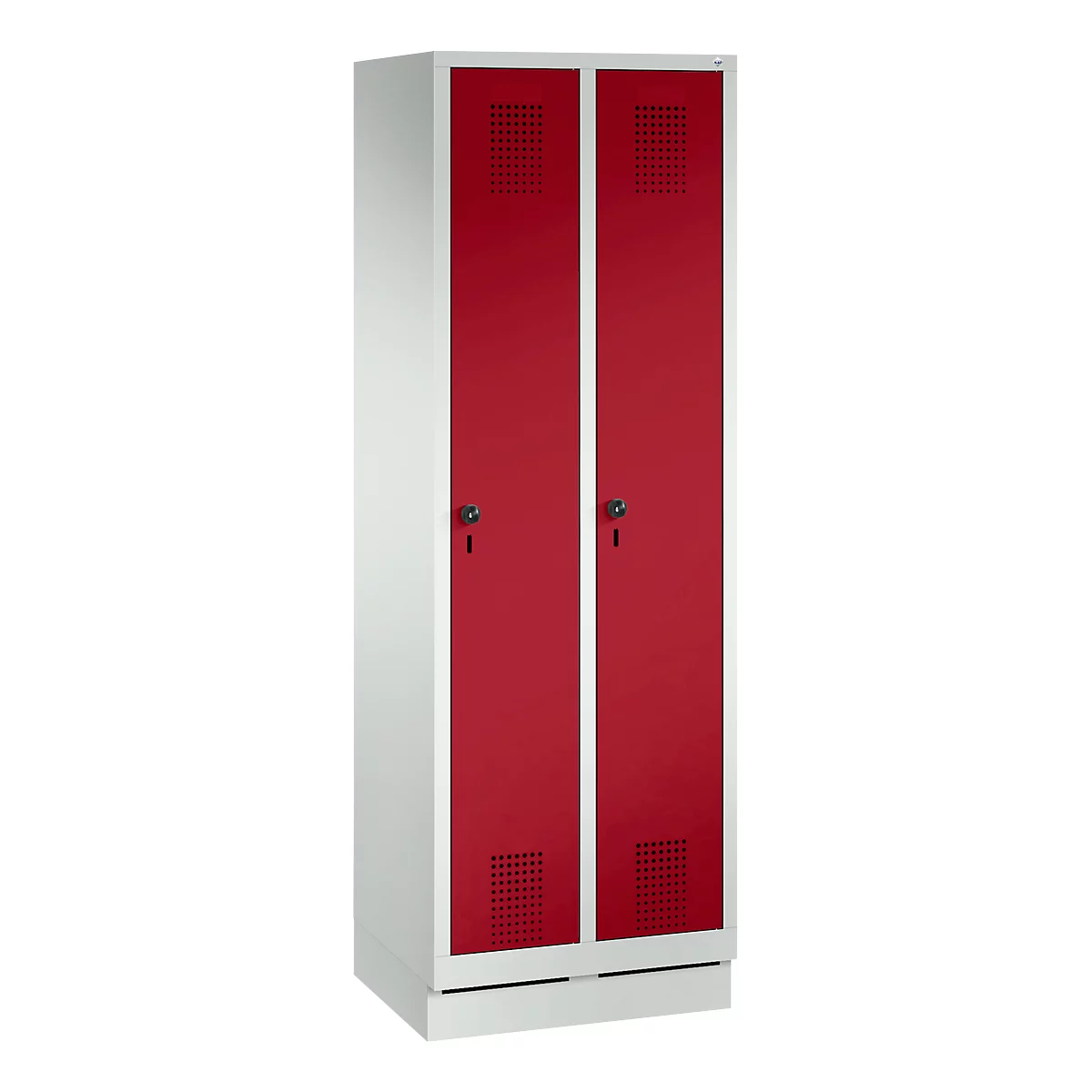 Garderobenspind Evolo S 3000, mit Sockel, 2 Abteile, Sicherheitsdrehriegelverschluss, lichtgrau RAL 7035/rubinrot RAL 3003