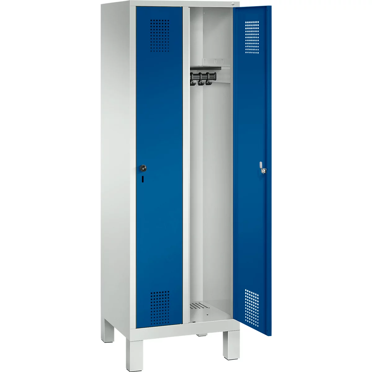 Garderobenspind Evolo S 3000, Stahl, m. Füßen, 2 Abteile m. jew. B 300 mm, Sicherheitsdrehriegelverschluss, lichtgrau RAL 7035/enzianblau RAL 5010