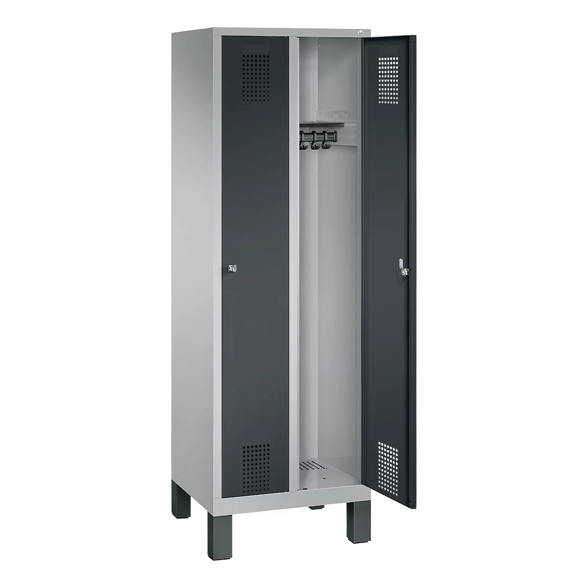 Garderobenspind Evolo S 3000, Stahl, m. Füßen, 2 Abteile m. jew. B 300 mm, Zylinderschloss, weißaluminium/anthrazit