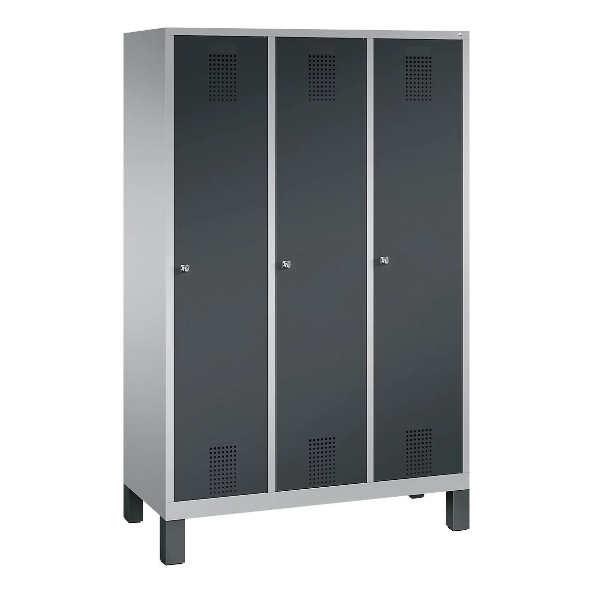 Garderobenspind Evolo S 3000, Stahl, m. Füßen, 3 Abteile, Zylinderschloss, weißaluminium RAL 9006/anthrazit RAL 7016