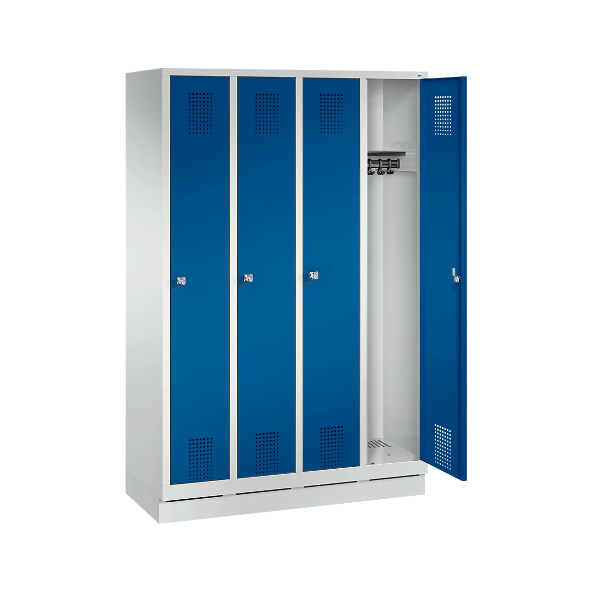 Garderobenspind Evolo S 3000, Stahl, m. Sockel, 4 Abteile m. jew. B 300 mm, Zylinderschloss, lichtgrau RAL 7035/enzianblau RAL 5010