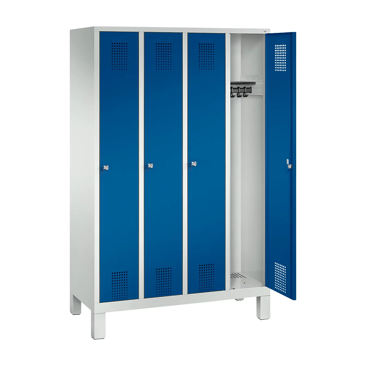 Garderobenspind Evolo S 3000, Stahl, mit Füßen, 4 Abteile mit jeweils B 300 mm, Zylinderschloss, lichtgrau RAL 7035/enzianblau RAL 5010