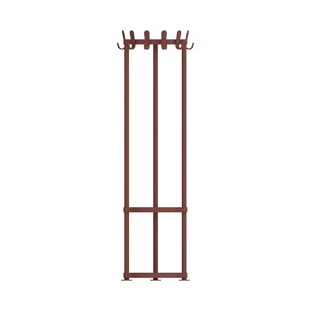 Hoher Kleiderständer aus braunem Metall mit Haken oben und quadratischer Basis.