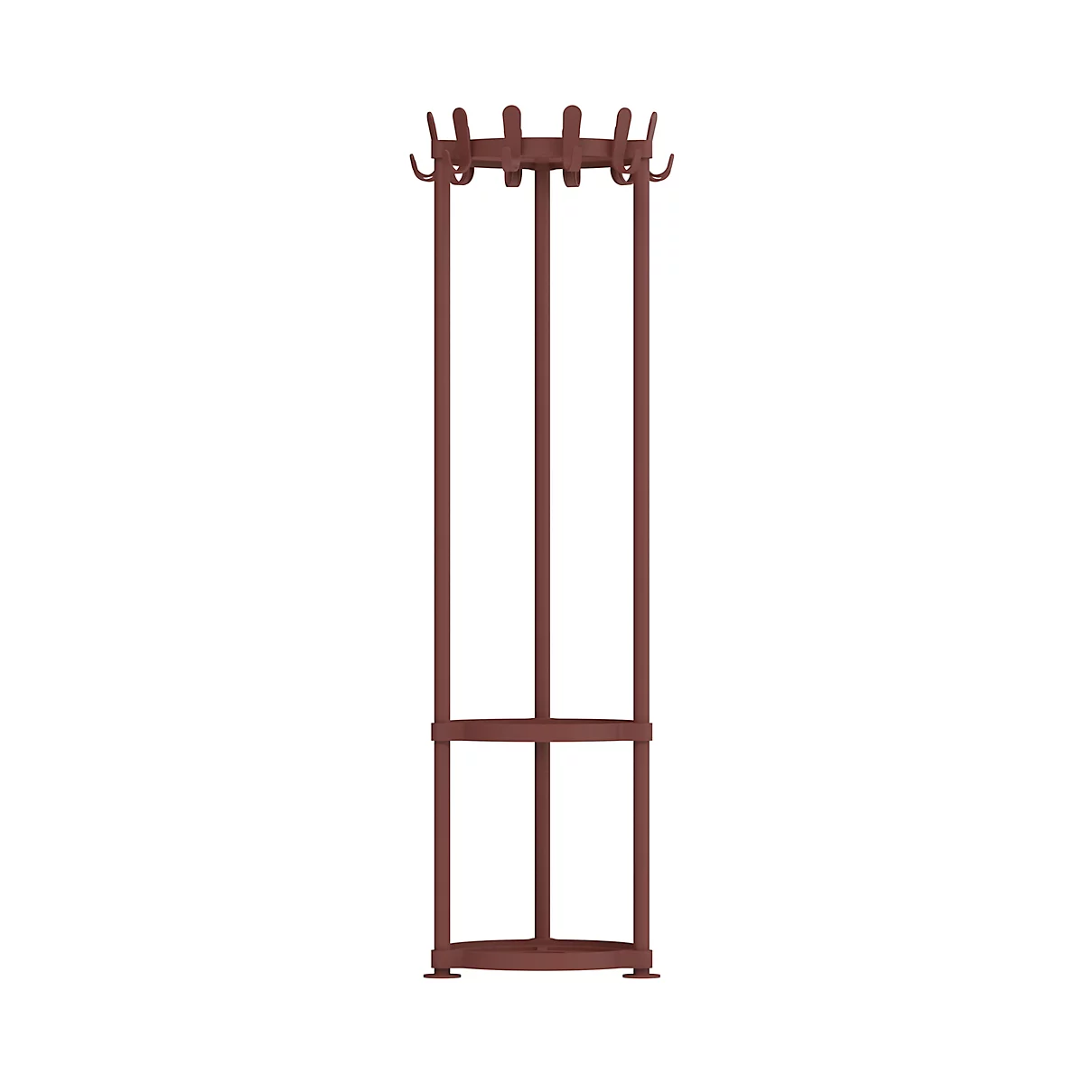 Standgarderobe in Braun vor weißem Hintergrund.