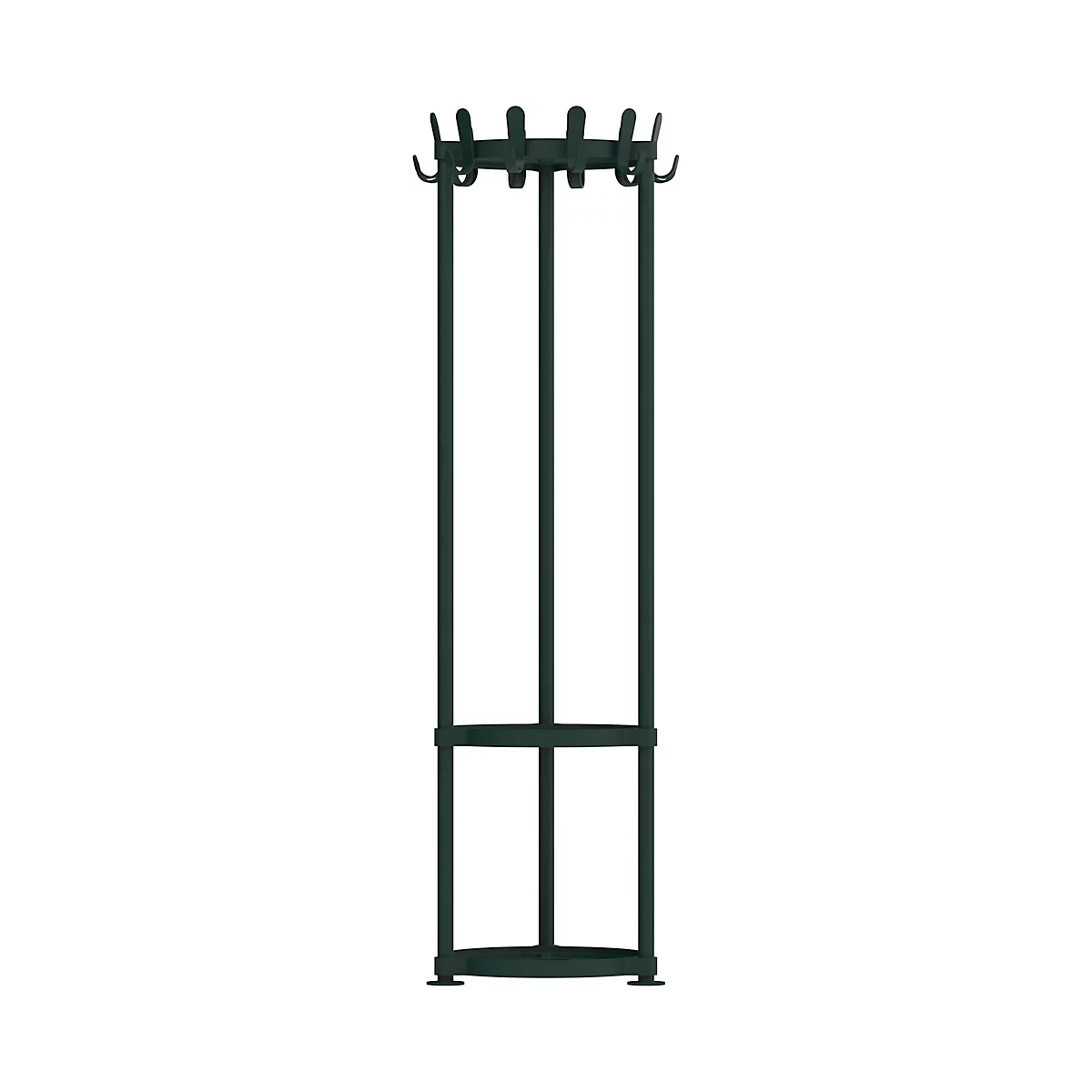 Dunkelgrüner Garderobenständer mit Haken für Mäntel und Jacken. Aufrechtes, schlankes Design mit runder Basis.