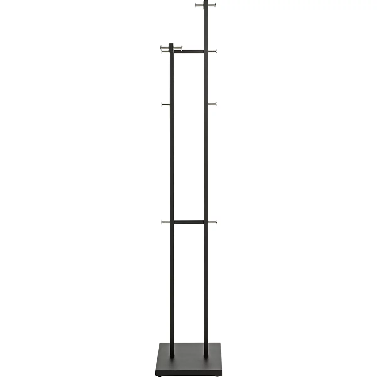 Schwarze Kleiderstange. Ein rechteckiger Fuß trägt zwei lange, vertikale Stangen, an denen mehrere horizontale Stangen zur Ablage von Kleidern befestigt sind.