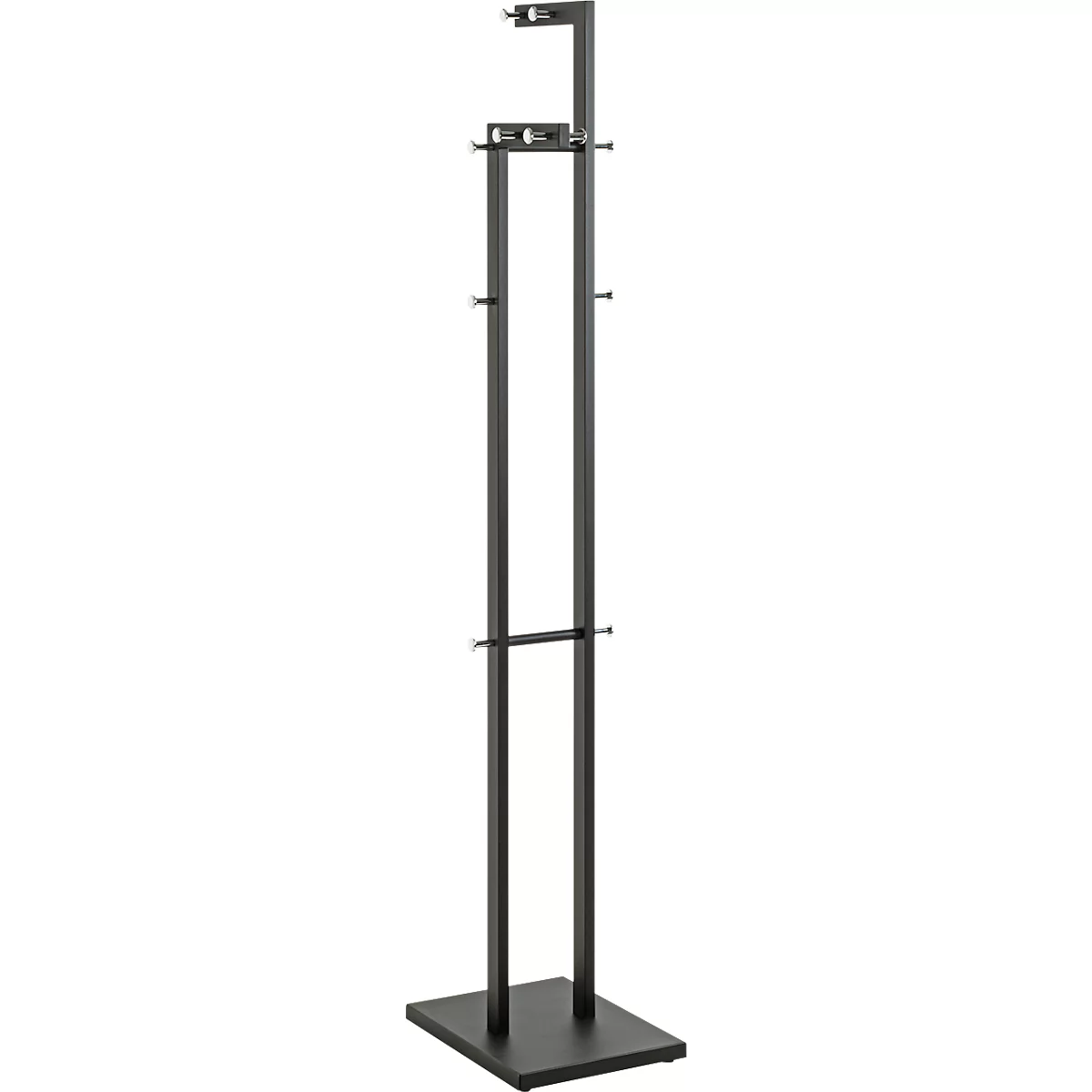 Schwarzer Standfuß für einen Monitor. Der Standfuß hat eine quadratische Basis, eine Säule, und Halterungen für den Monitor.