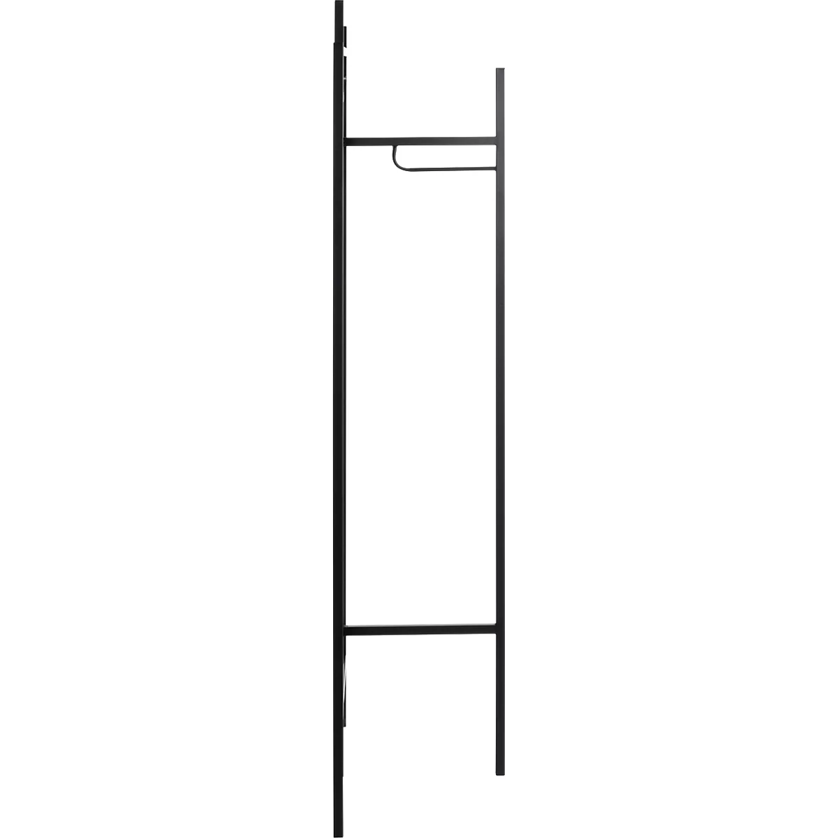 Schwarze Kleiderstange aus Metall mit Hängevorrichtung, geradem Gestell und horizontaler Stange.
