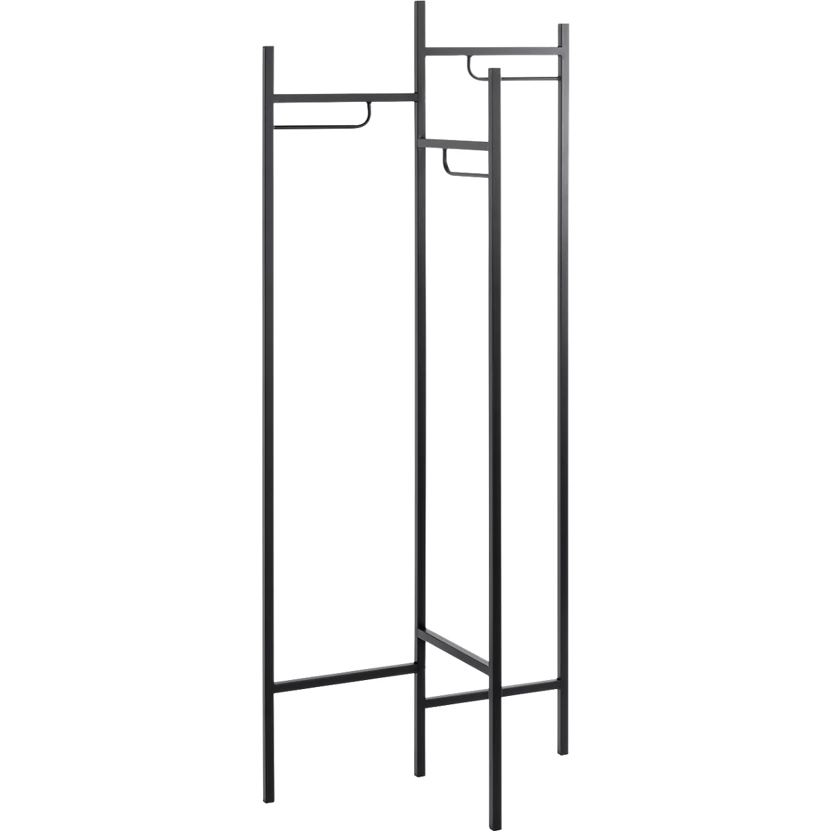 Schwarze, freistehende Garderobe aus Metall, mit Haken und Ablagen. Einfaches, modernes Design.