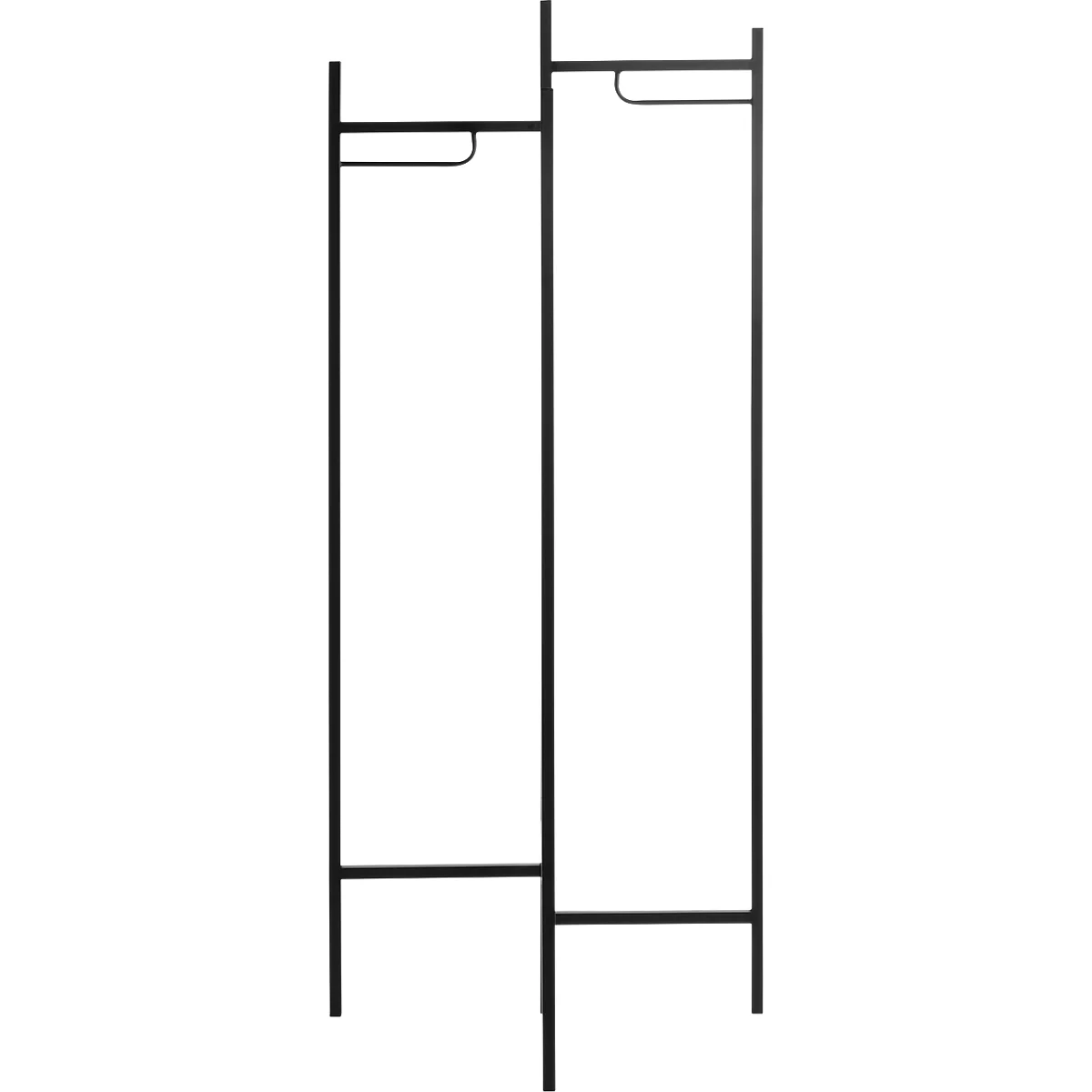 Schwarzer, minimalistischer Metall-Kleiderständer. Vertikale Streben, horizontale Streben mit gebogenen Enden, für Kleiderbügel.