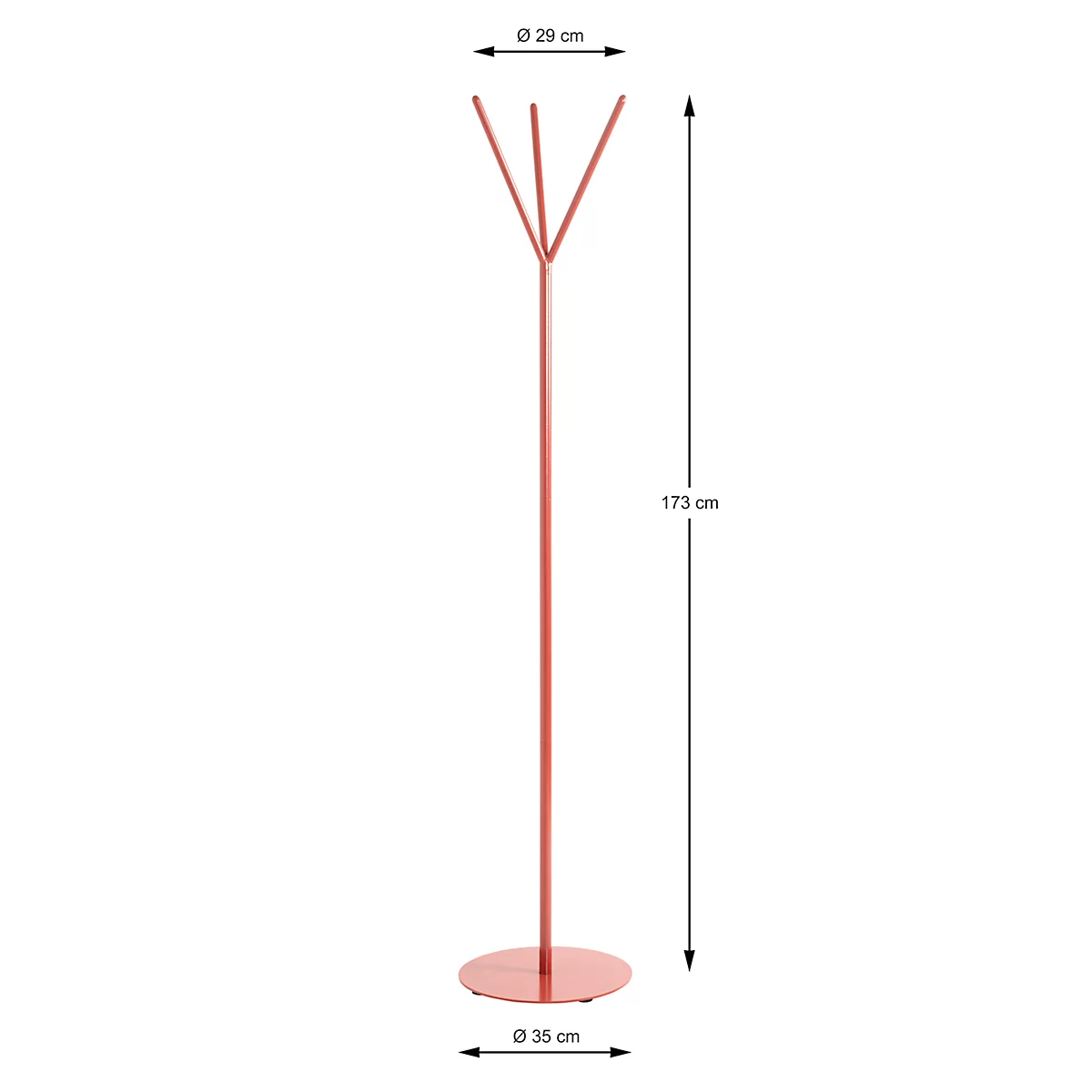 Roter, minimalistischer Kleiderständer. Oben drei Arme, darunter langer Stab, an einem runden Fuß stehend. Maße mit Pfeilen angegeben.