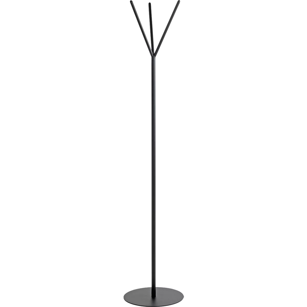 Schwarzer, minimalistischer Kleiderständer; ein Kreis als Basis, ein langer gerader Stab, oben verzweigt sich eine Y-Form.