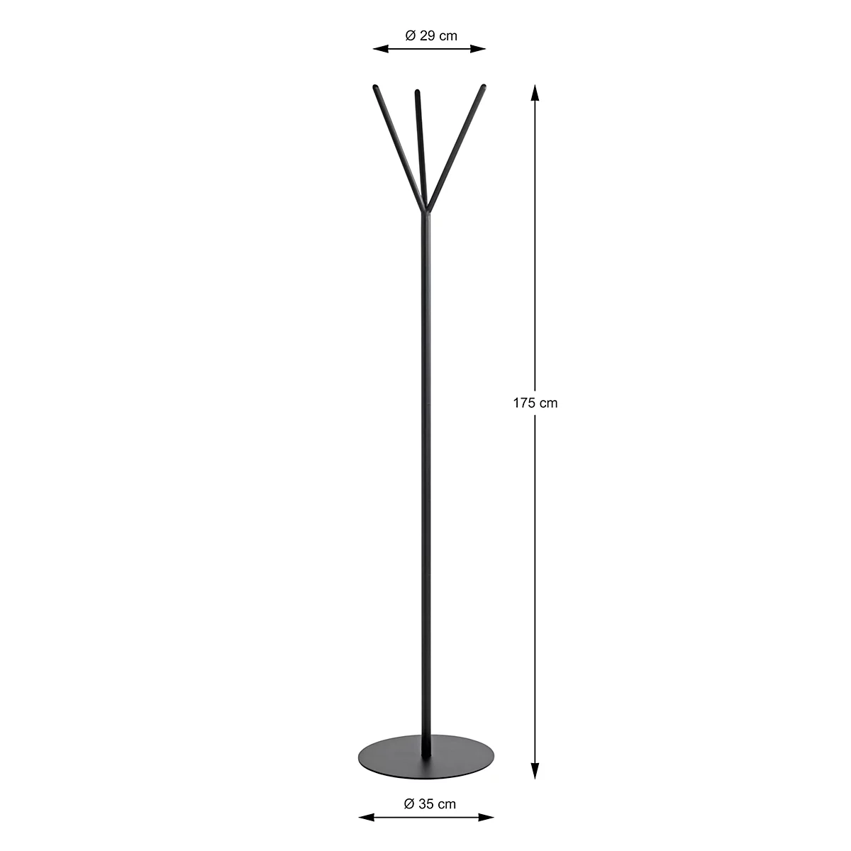 Schwarzer Kleiderständer mit drei Auslegern. Die Höhe beträgt 175 cm, der Durchmesser am Boden 35 cm und die Ausleger 29 cm.