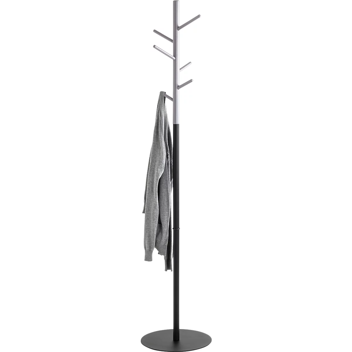 Schwarze, moderne Garderobe mit grauem Pullover. An der Spitze sind sechs horizontale Stangen angebracht.