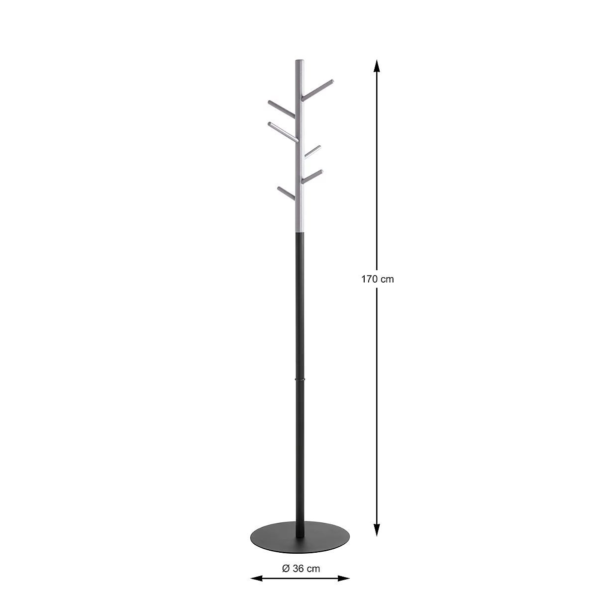 Ein schwarzer Kleiderständer mit Haken, 170 cm hoch, auf rundem Fuß, Ø 36 cm. Graue Elemente für die Aufhängung.