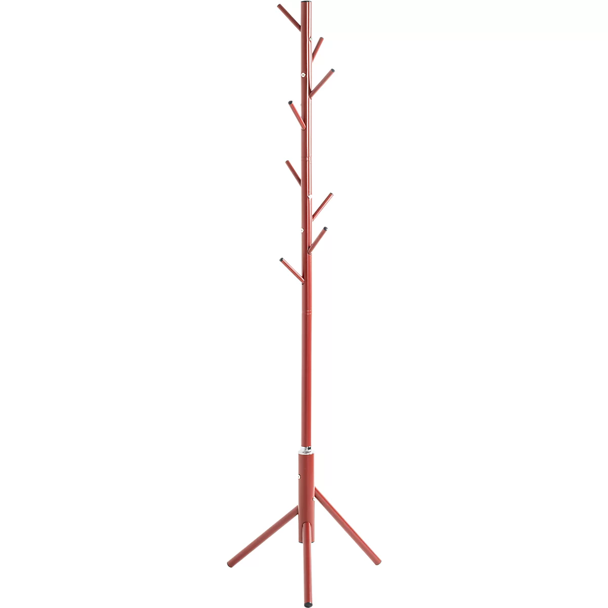 Roter Kleiderständer mit pyramidenförmigem Fuß, senkrechtem Hauptrohr und acht abstehenden Haken.