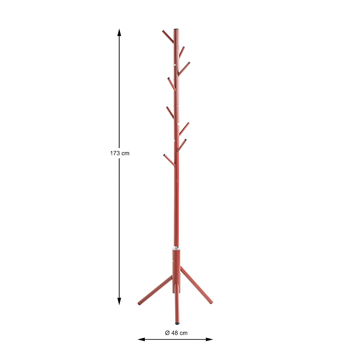 Ein roter Kleiderständer mit Ästen, Pfeilen mit Maßen: 173 cm hoch und 48 cm Durchmesser.
