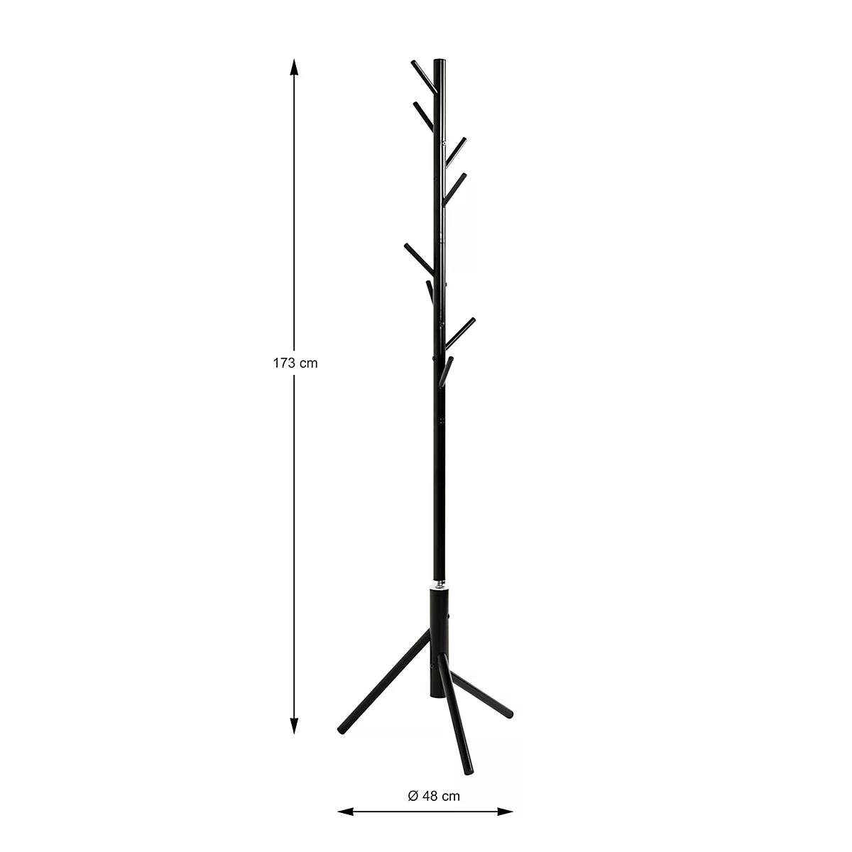 Schwarze Garderobe, 173 cm hoch und 48 cm Durchmesser. Mit Ästen zum Aufhängen von Kleidung.