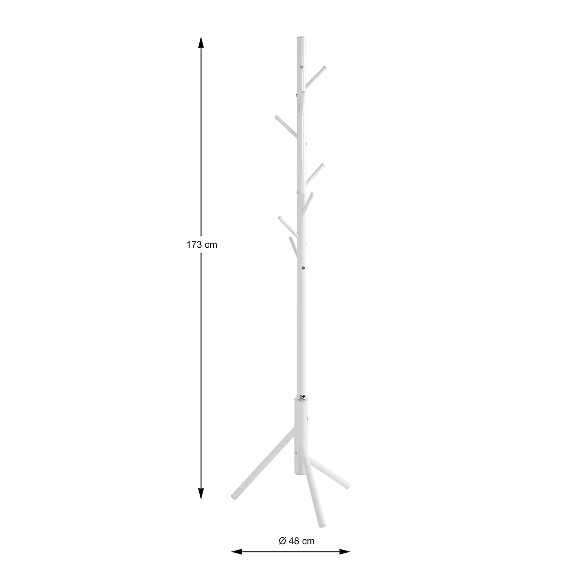 Weißer Garderobenständer mit drei Beinen und Ästen, die die Kleiderbügel halten. Die Abmessungen sind 173 cm hoch und 48 cm im Durchmesser.