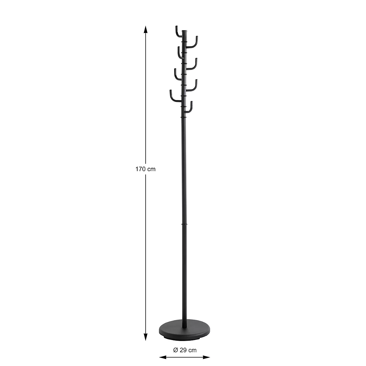 Schwarze Garderobe mit Haken. 170 cm hoch, 29 cm Durchmesser. Haken für Jacken und Mäntel.