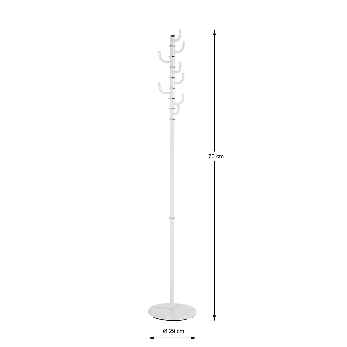 Weißer Kleiderständer mit gebogenen Haken. Maße: 170 cm hoch, Ø 29 cm.