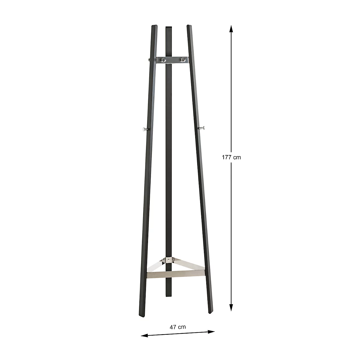 Schwarze Staffelei aus Metall. Höhe 177 cm, Breite 47 cm. Metallwinkel an den Beinen und Halterung für Leinwand.
