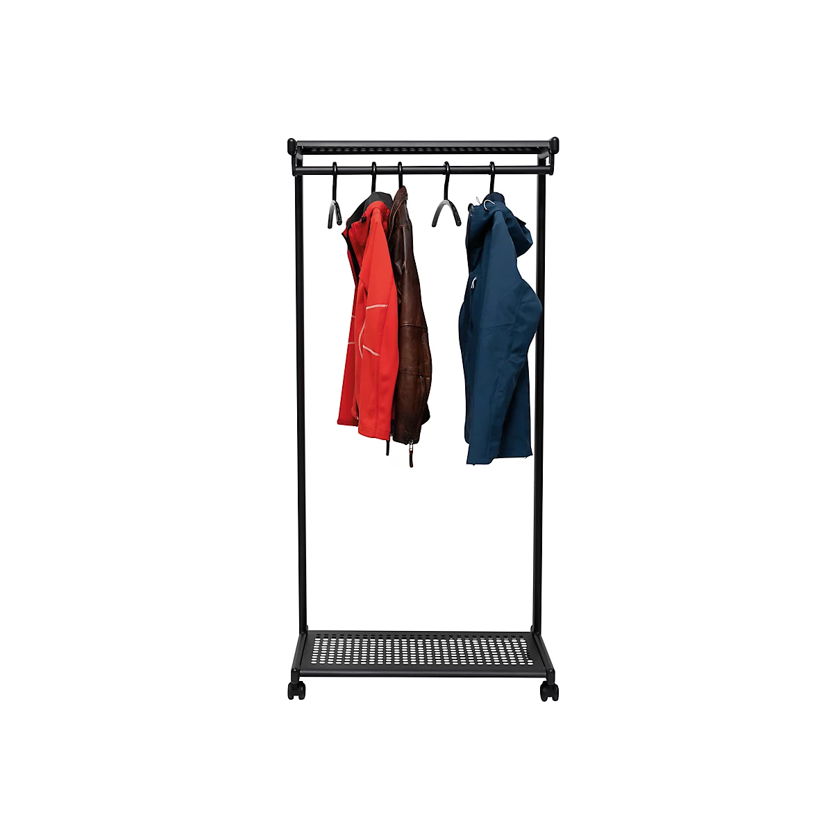 Garderobenständer MAULbolero, mit Rollen, Hut- & Schuhablage, B 780 x T 460 x H 1660 mm, Metall, schwarz