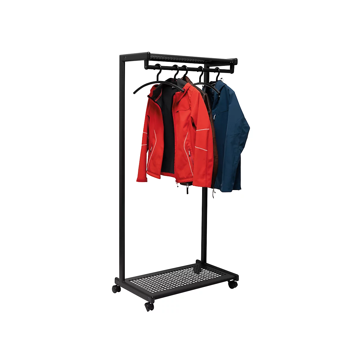 Garderobenständer MAULbolero, mit Rollen, Hut- & Schuhablage, B 780 x T 460 x H 1660 mm, Metall, schwarz