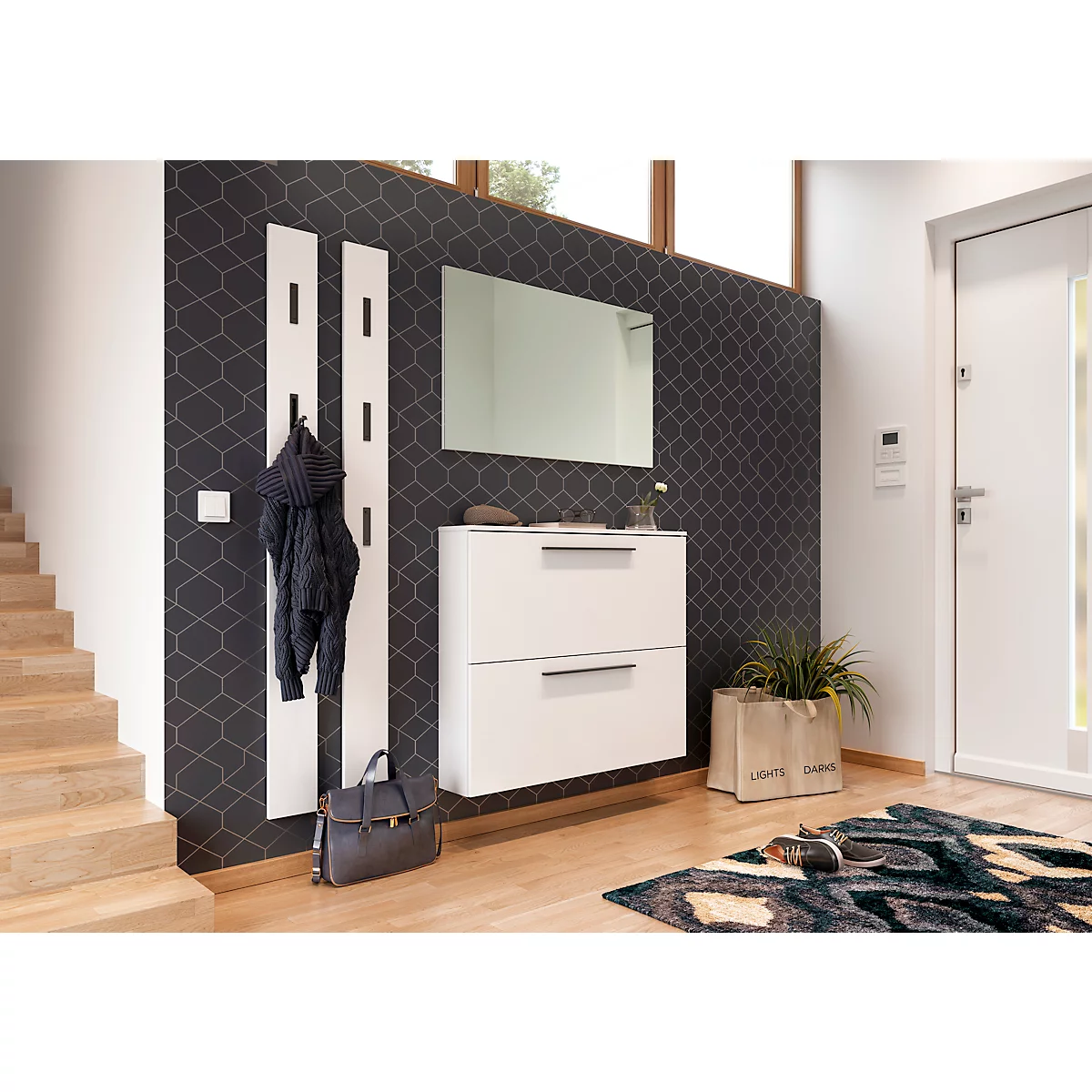 Garderobepaneel 3728 - MDF melaminehars gecoat - B 150 x D 30 x H 1700 mm -3 uitklapbare haken - wit