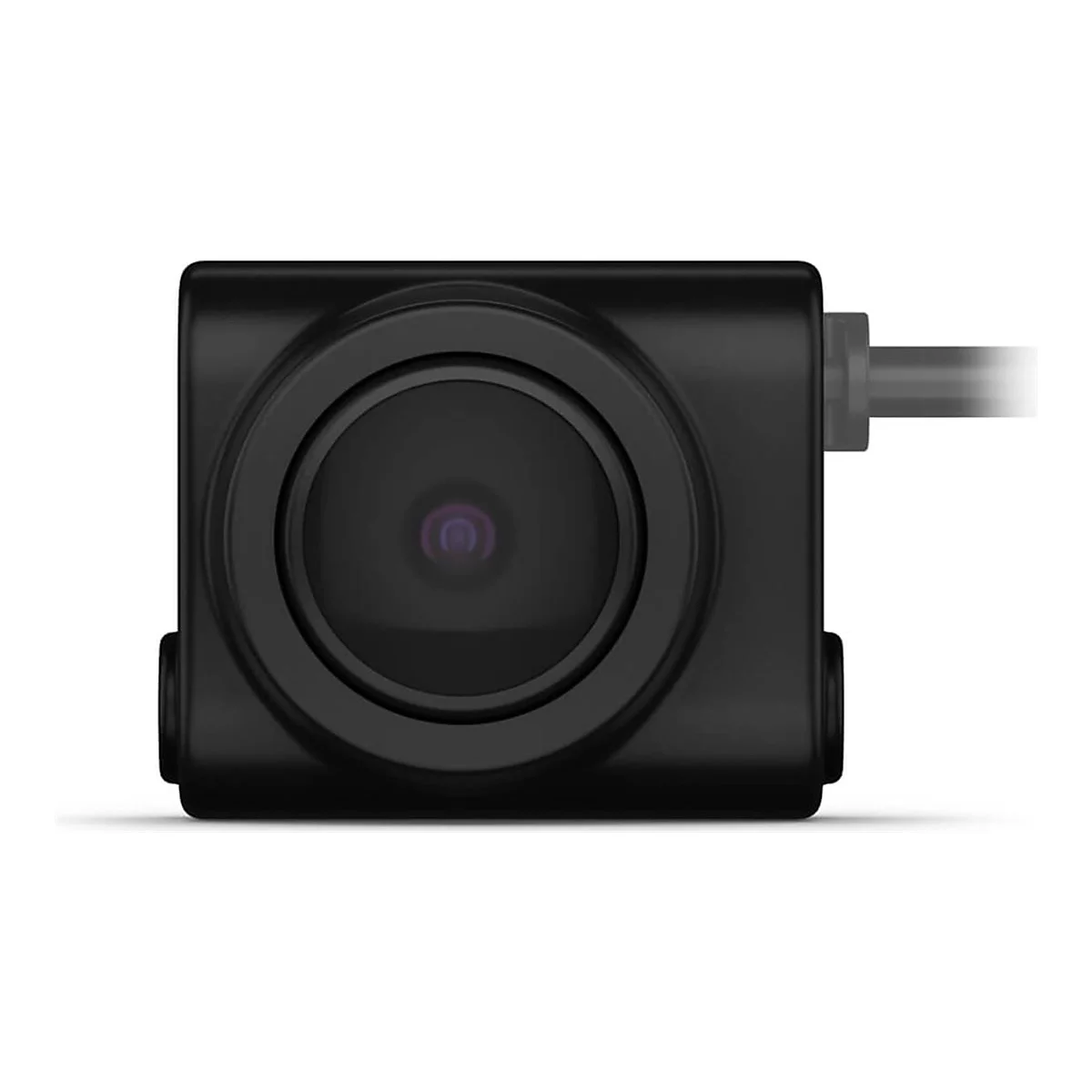 Schwarze Dashcam mit Objektiv und Kabelanschluss. Detailaufnahme auf weißem Hintergrund.