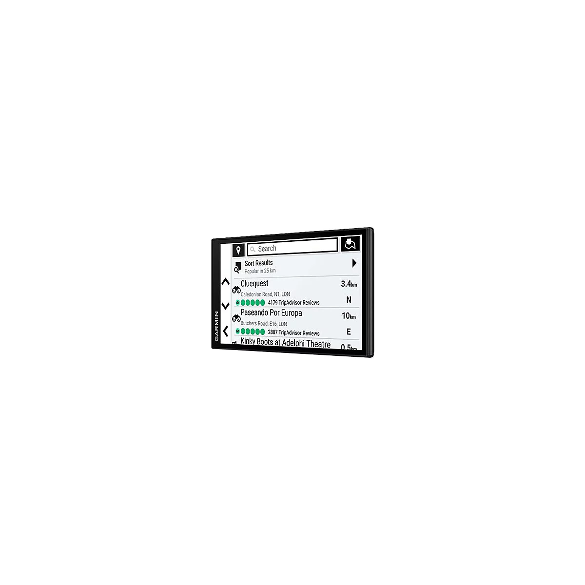 Ein Garmin-Navigationsgerät mit Suchleiste. Gezeigt werden Suchergebnisse für Restaurants und Attraktionen.